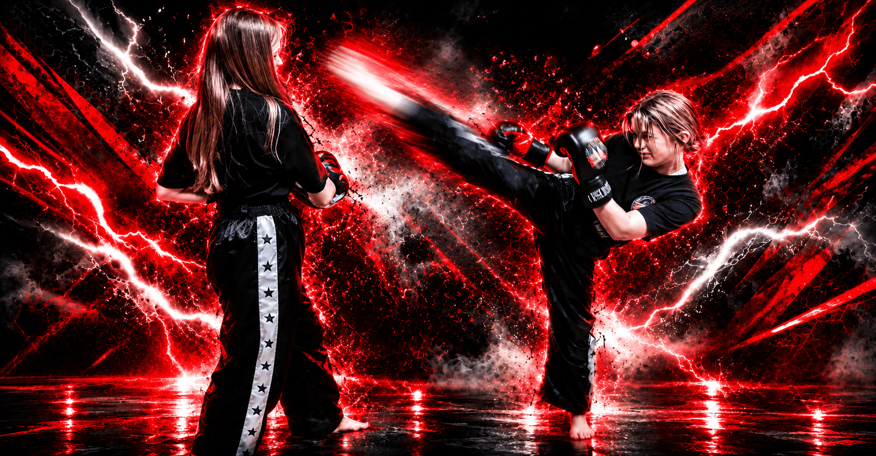 Two Advantage Martial Arts students training, one throwing a kick